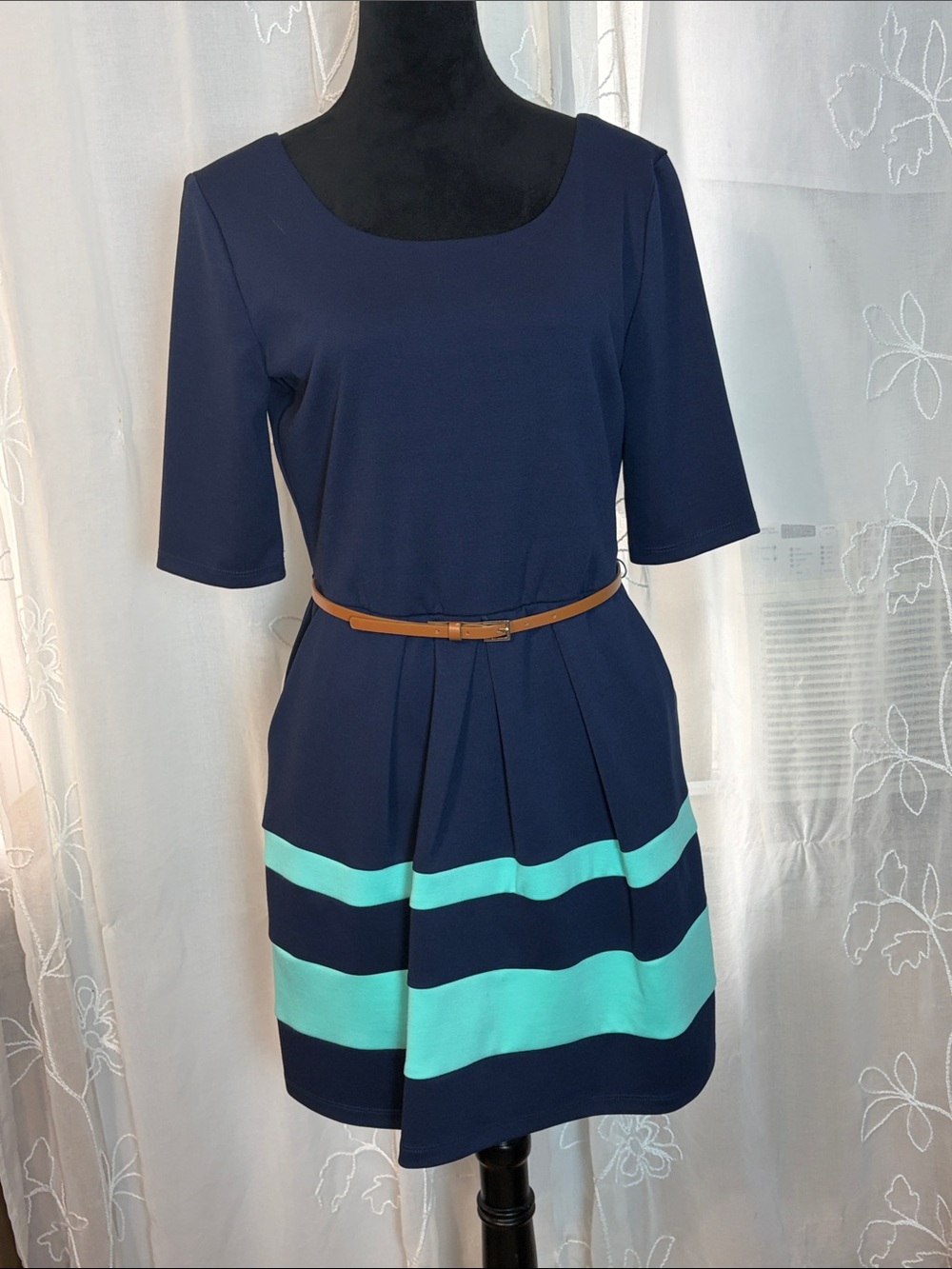 I.N. San Francisco Navy Midi Dress with Aqua Stripes and Tan Belt L
